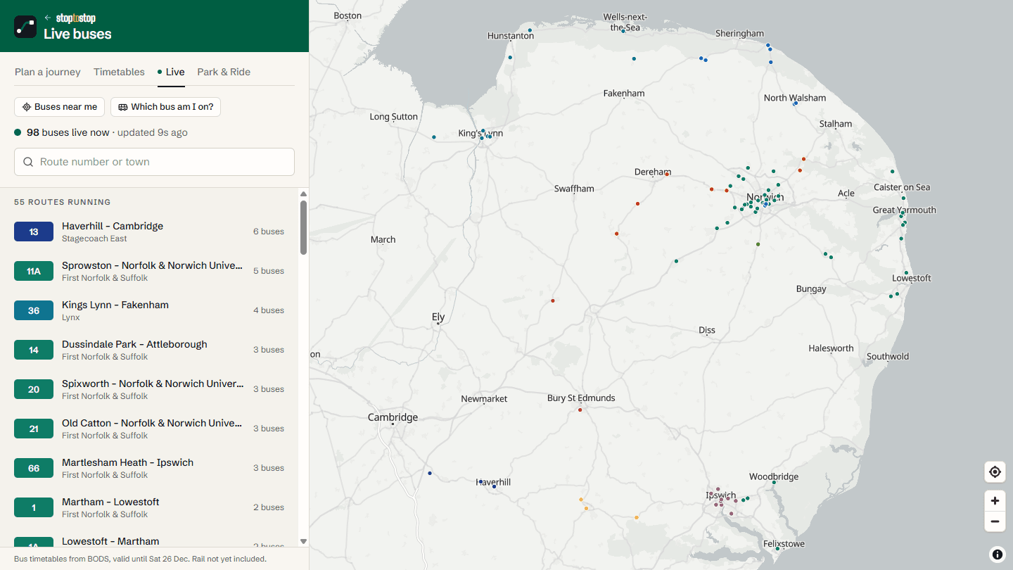 StopToStop live map showing buses across Norfolk and Suffolk
