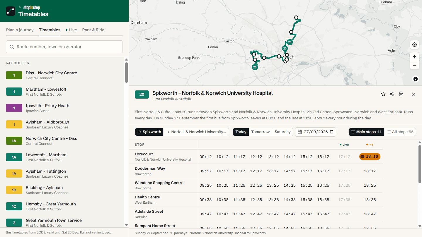 StopToStop route timetable with live buses and the route on a map